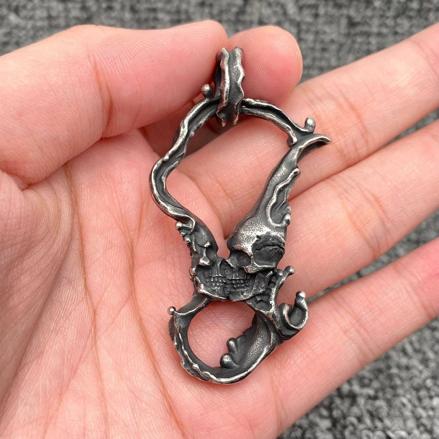 Irregular Double Skull Stainless Steel Craft Charm on Chain