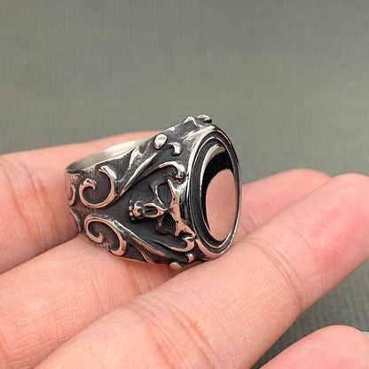 Glossy Oval Black Agate Stainless Steel Skull Ring