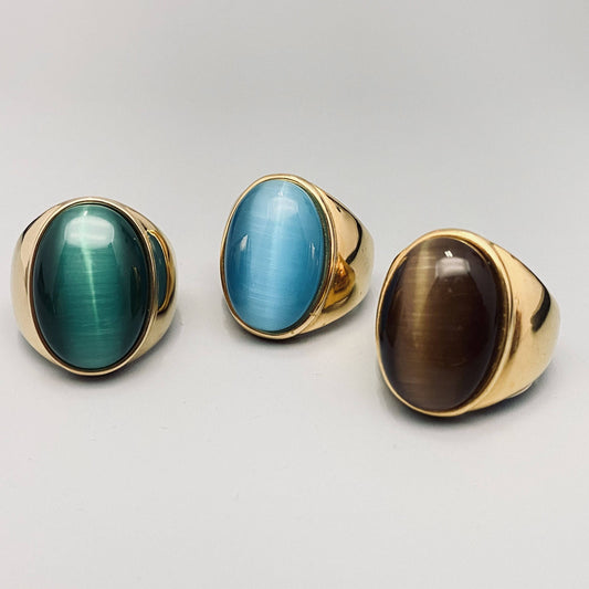 Gemstone Signet Ring☆ 18k Gold Plate Stainless Steel ☆ Tiger Eye ☆ Malachite