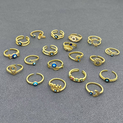 Enamel Rhinestone Turkish Evil Eye Golden Adjustable Rings