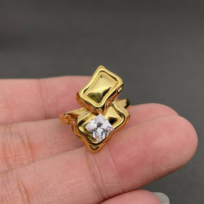 Zirconia Inlaid Irregular Geometry 18K Gold Plated Stainless Steel Ring