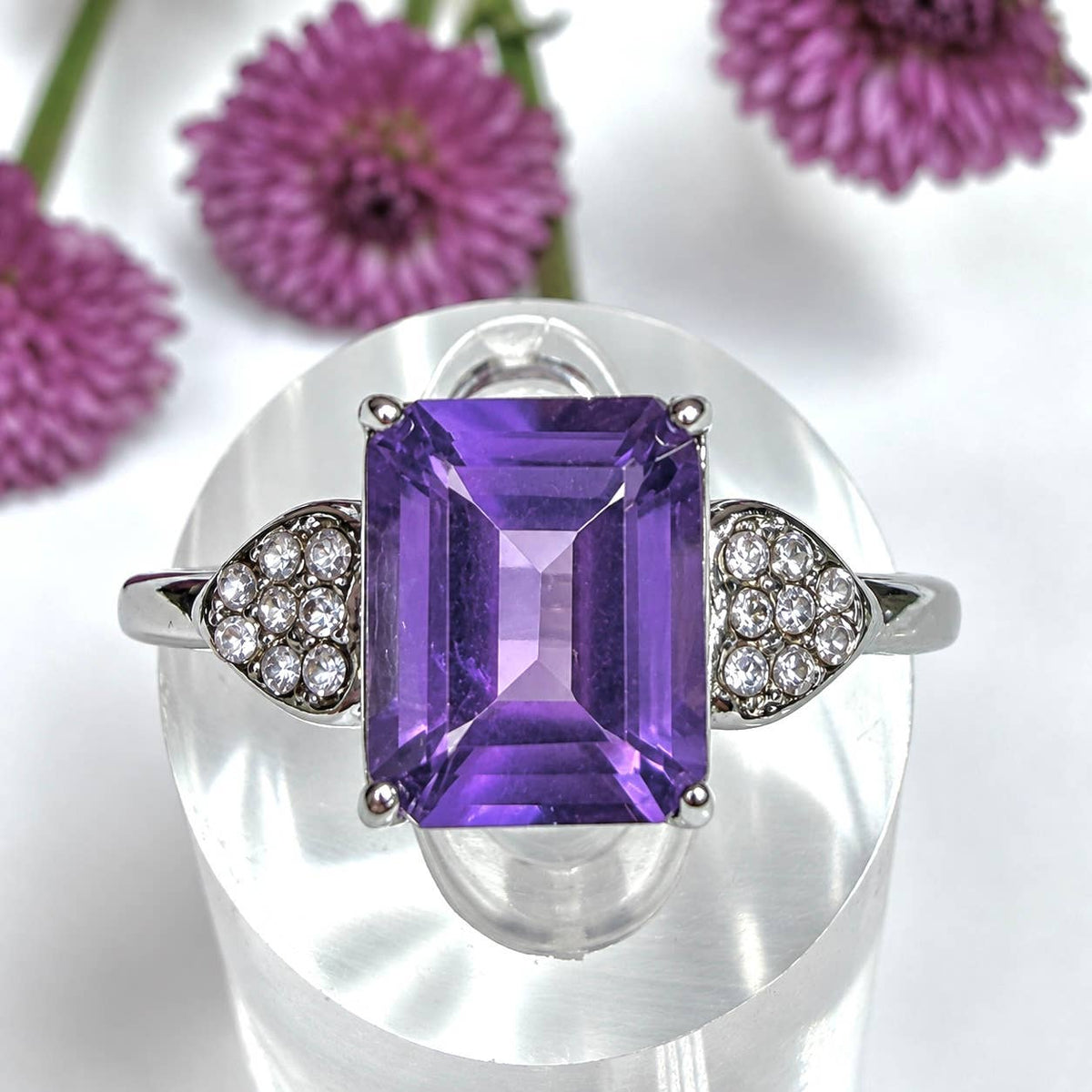 Natural Amethyst Emerald Cut Stainless Steel Ring 7x9mm