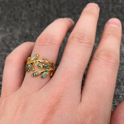 Abalone Shell Leaf Shape 18K Gold Plated Stainless Steel Ring