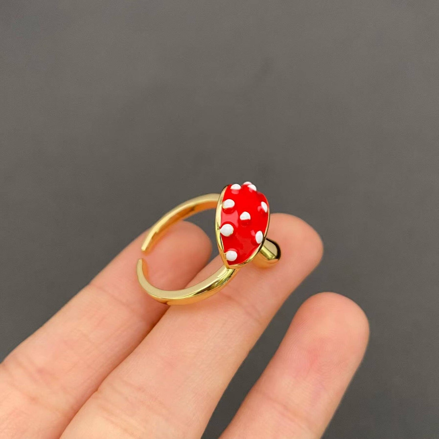 Red Enamel Mushroom Gold Plated Adjustable Ring