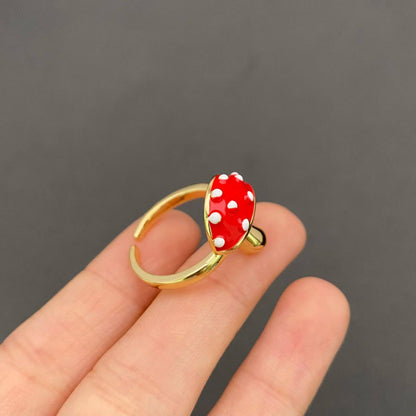 Red Enamel Mushroom Gold Plated Adjustable Ring