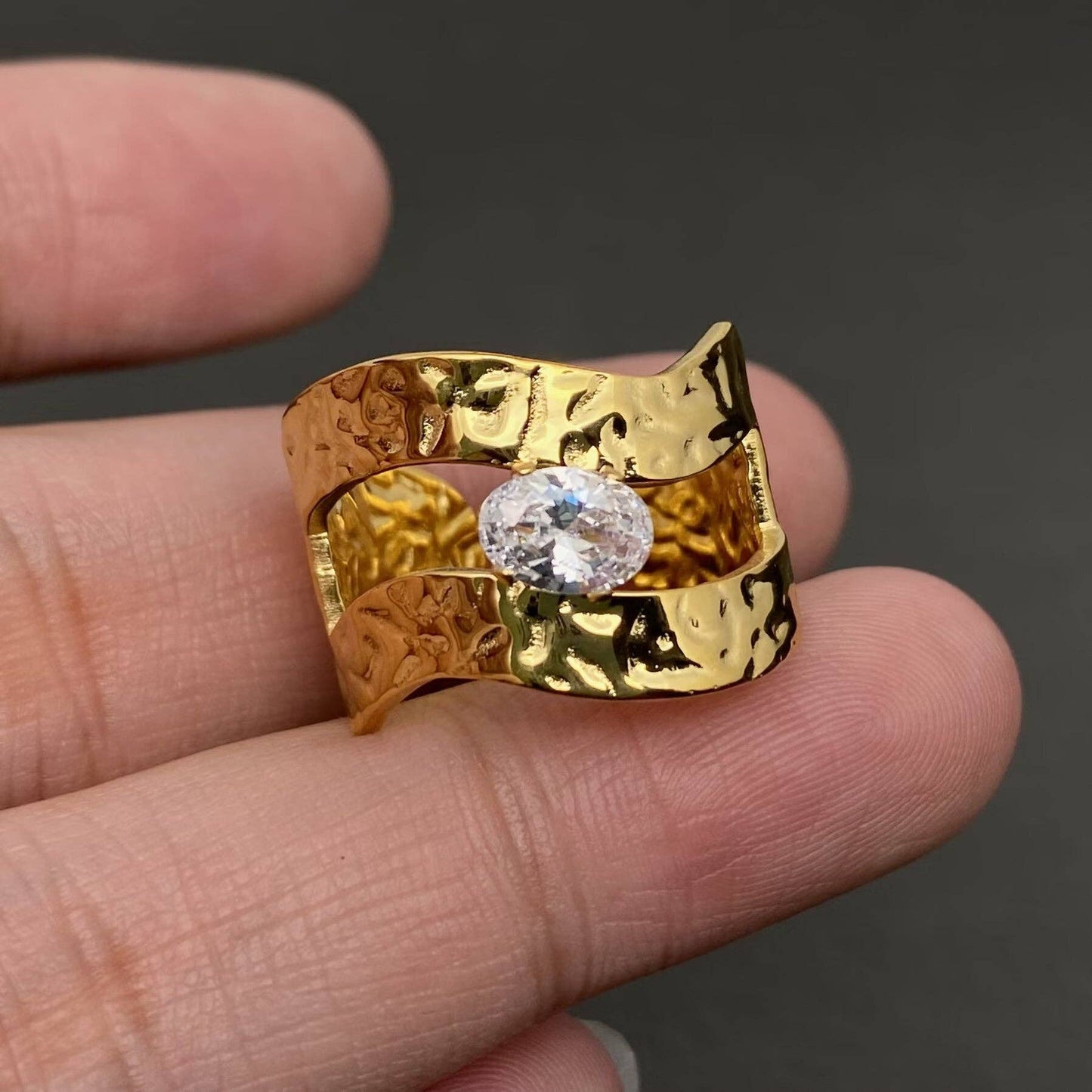 Zirconia Inlaid Irregular Geometry 18K Gold Plated Stainless Steel Ring