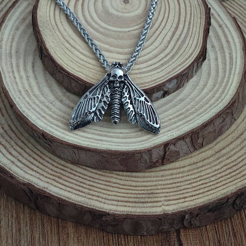 Vintage Gothic Skull Moth Pendant Necklace with Chain