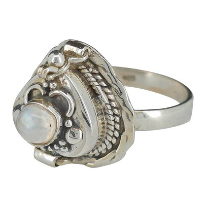 Heart-Shaped Moonstone Silver Locket Poison Ring