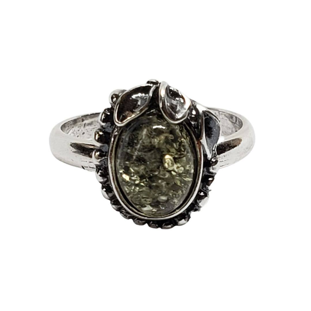 Green Amber Sterling Silver Ring