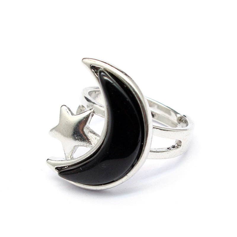 Agate Moon & Star Silver Tone Adjustable Ring