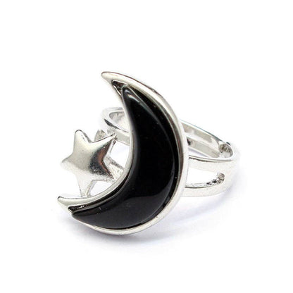 Agate Moon & Star Silver Tone Adjustable Ring