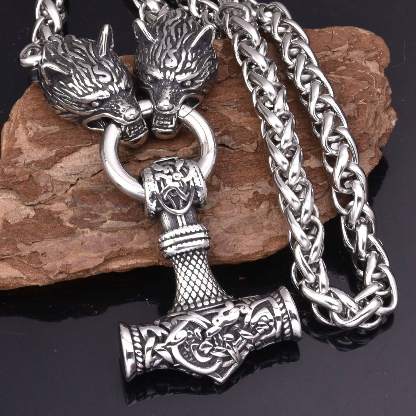 Rune Hammer Pendant Wolf Head Necklace