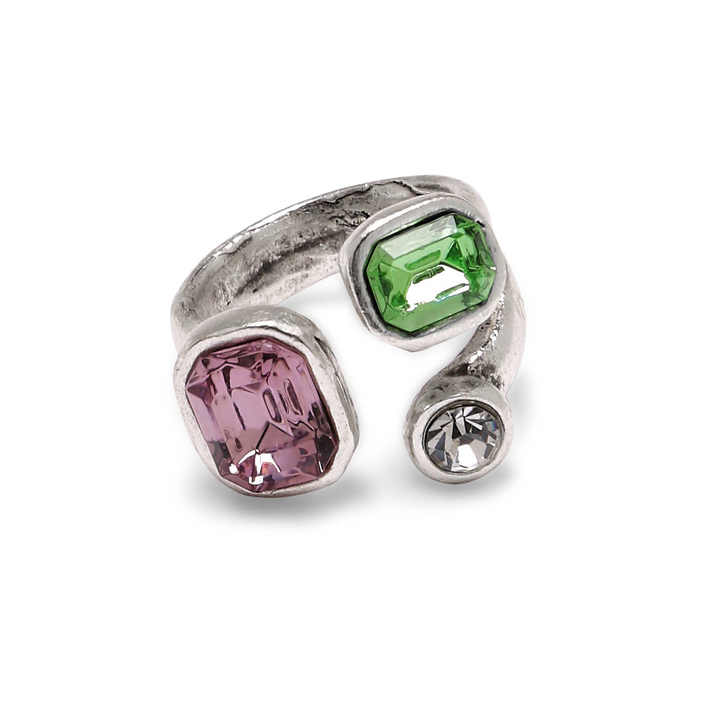 Handmade  Green Pink Swarovski Crystal 945 Silver Plate Ring