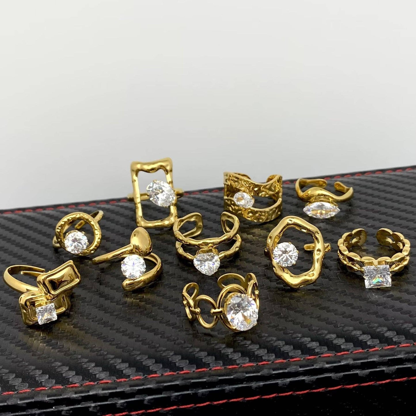 Zirconia Inlaid Irregular Geometry 18K Gold Plated Stainless Steel Ring