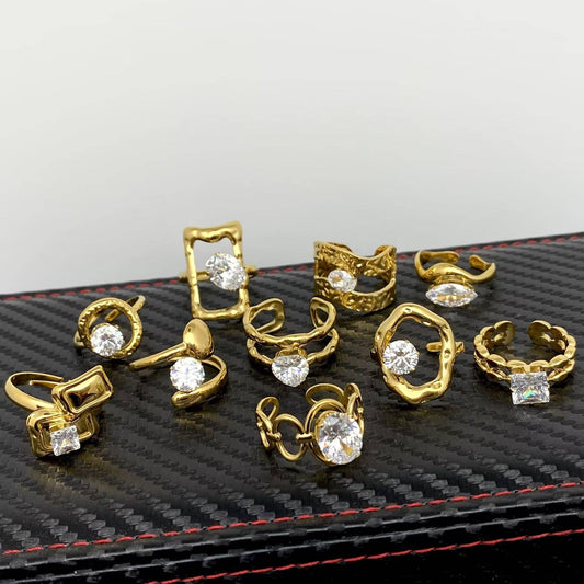 Zirconia Inlaid Irregular Geometry 18K Gold Plated Stainless Steel Ring