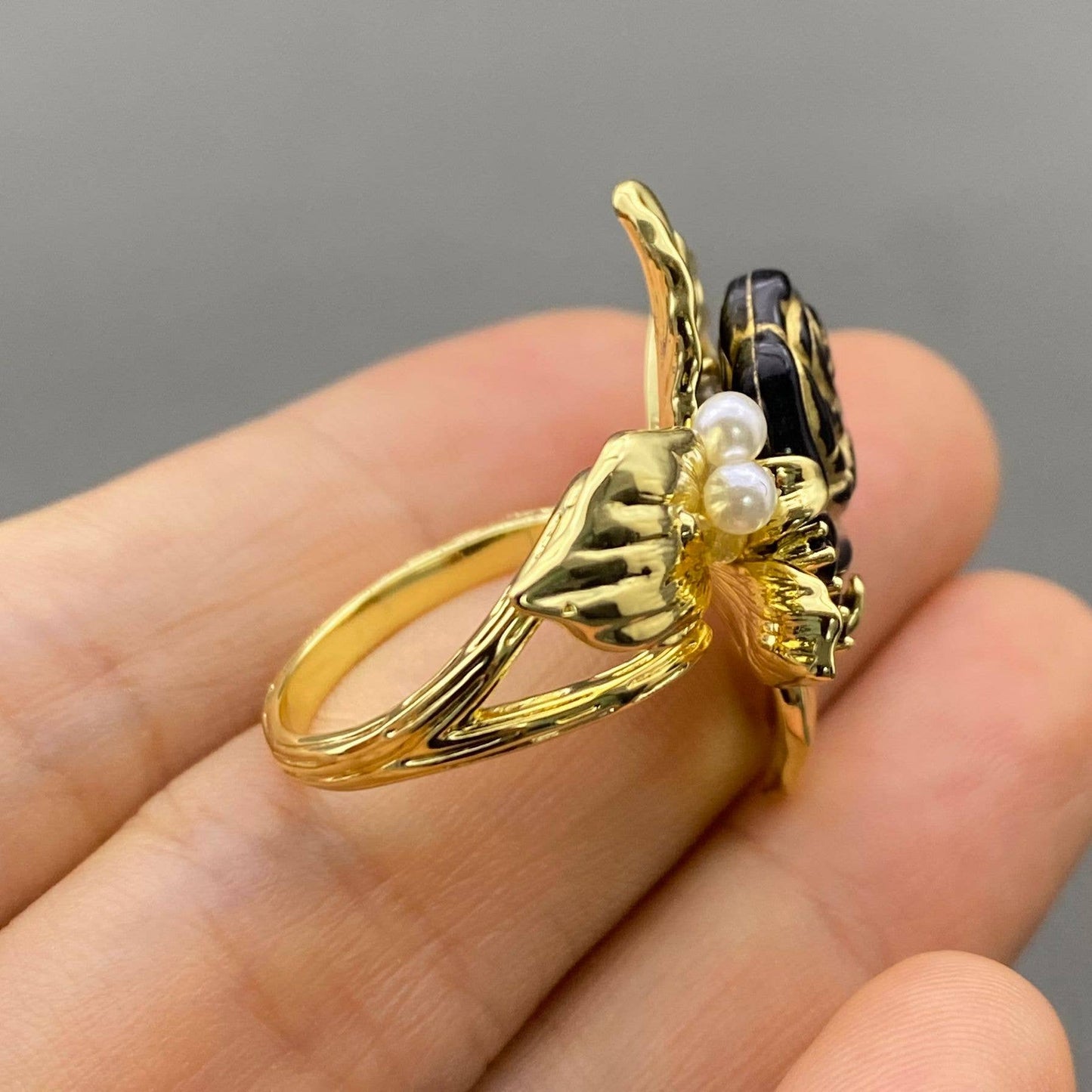 Vintage 14K Gold Plated Enamel Rose Adjustable Ring