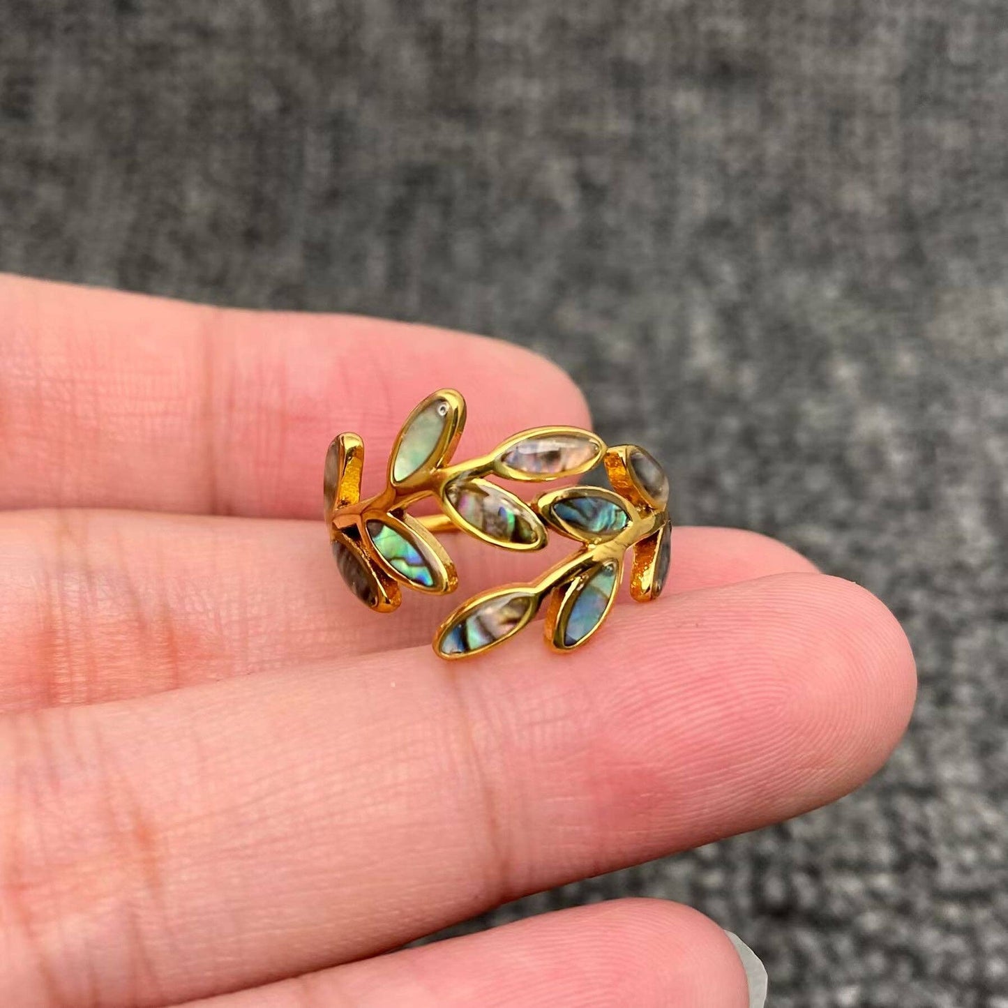 Abalone Shell Leaf Shape 18K Gold Plated Stainless Steel Ring