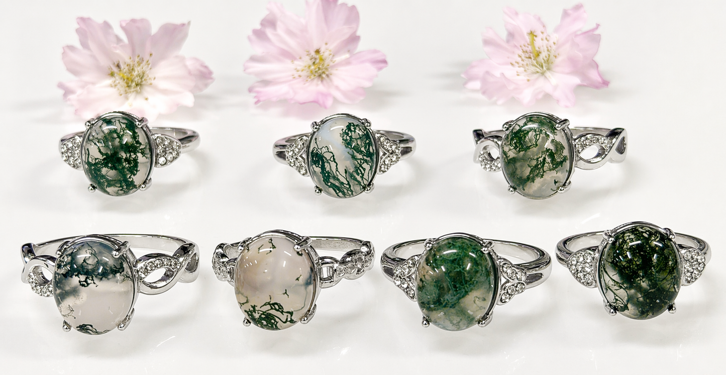 Natural Moss Agate Stainless Steel Rings - Herkimer Diamond Details