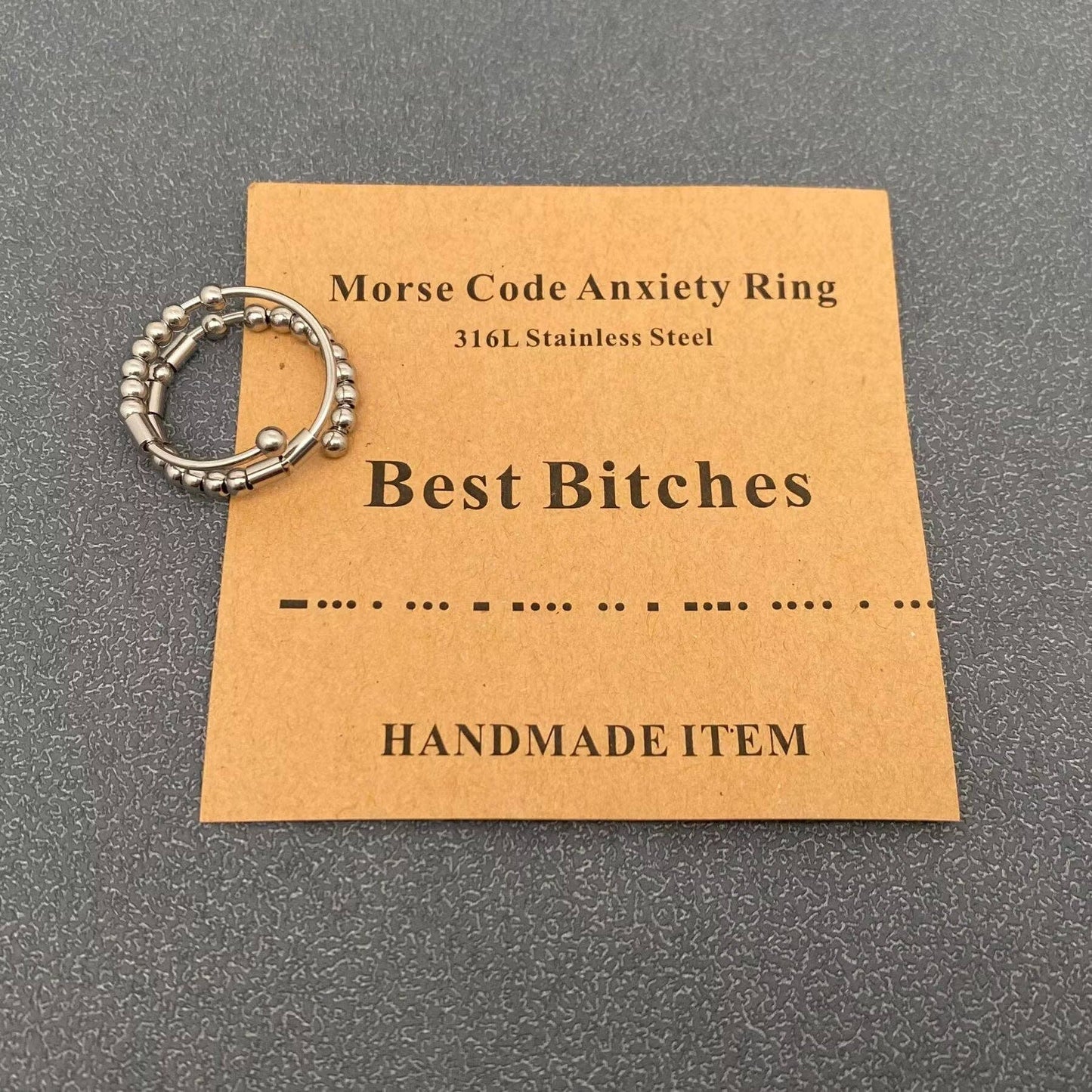 Morse Code "Never Give Up"  Stainless Steel Adjustable Ring