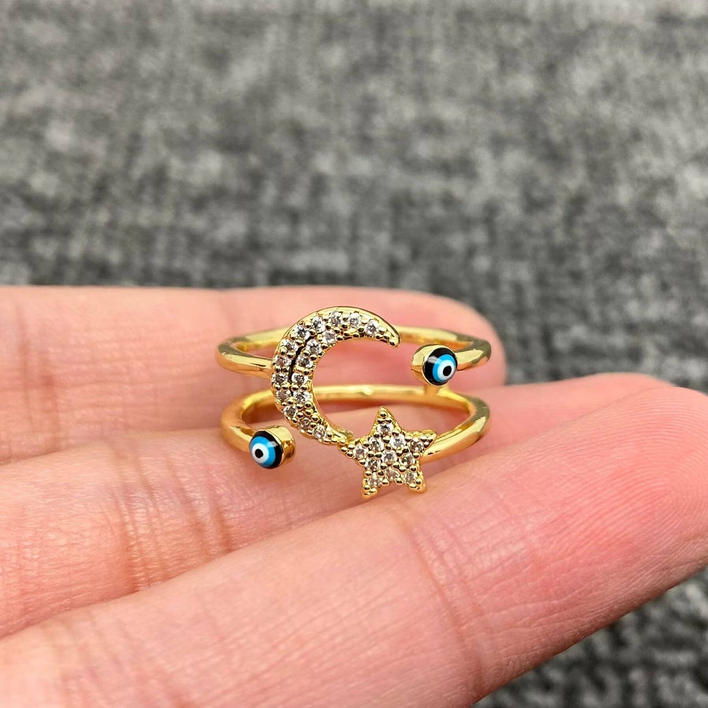 Enamel Rhinestone Turkish Evil Eye Golden Adjustable Rings