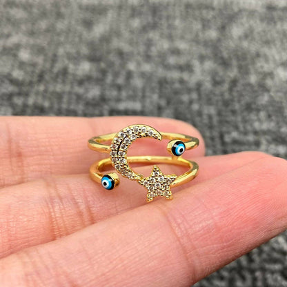 Enamel Rhinestone Turkish Evil Eye Golden Adjustable Rings