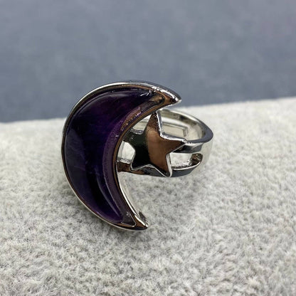 Agate Moon & Star Silver Tone Adjustable Ring