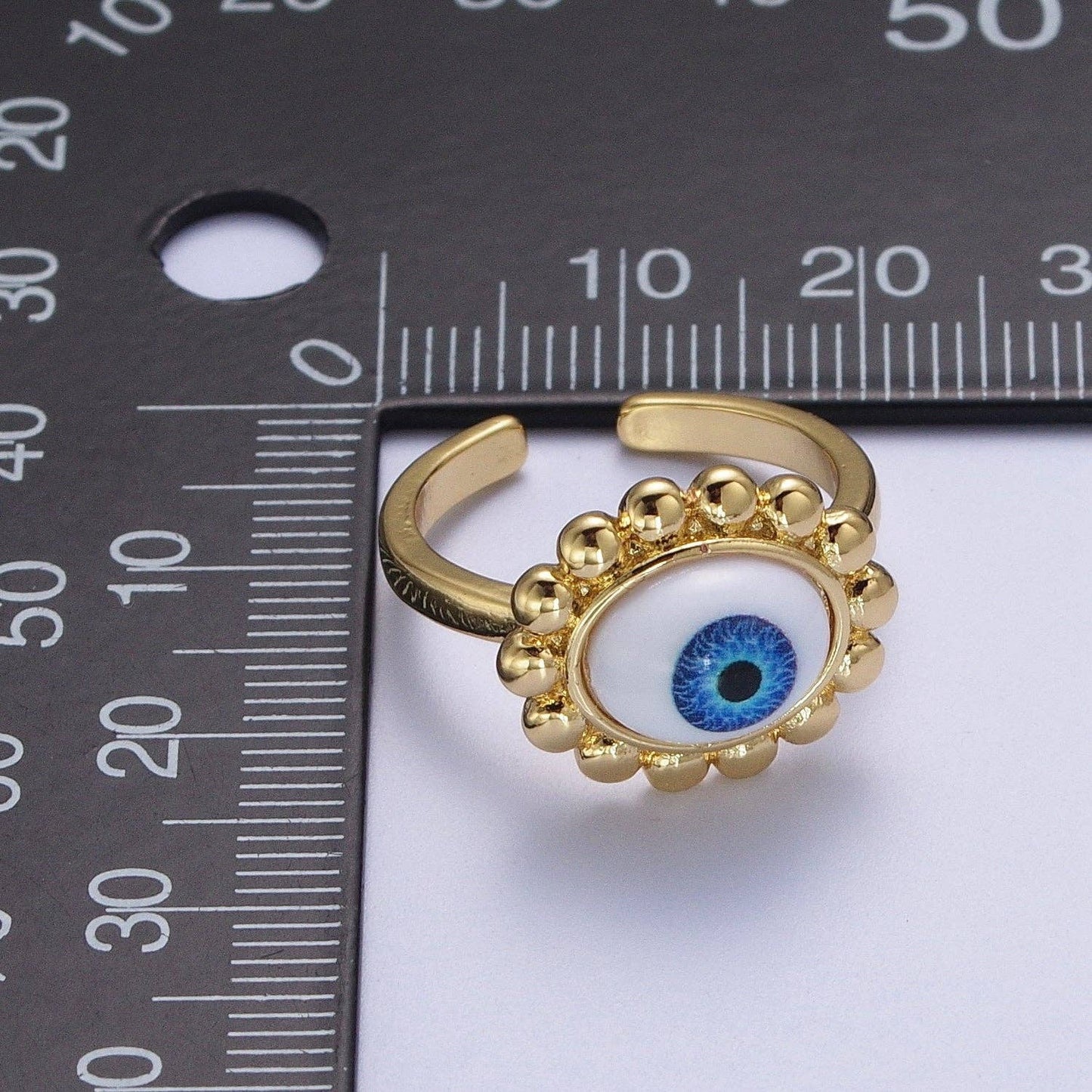 Elegant Gold Beaded Blue Evil Eye Protection Ring ☆ Adjustable