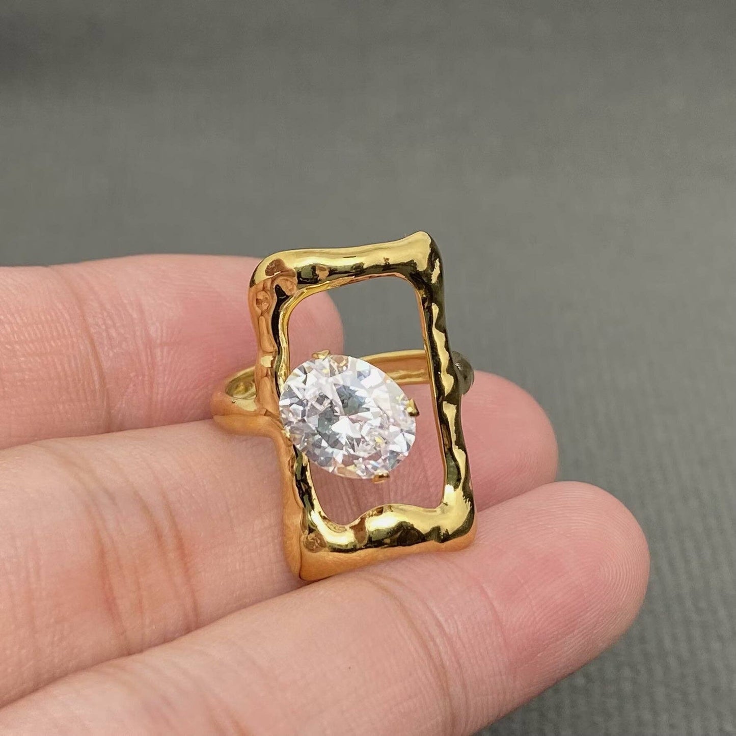 Zirconia Inlaid Irregular Geometry 18K Gold Plated Stainless Steel Ring