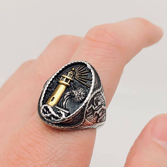 Men's Stainless Steel Ring Lighthouse Pattern