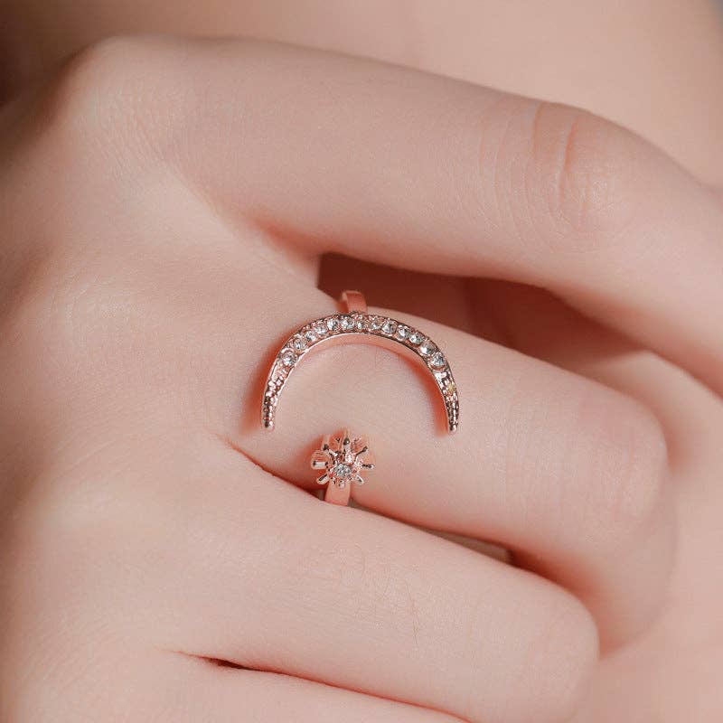 Crescent Moon Star Ring Adjustable Ring