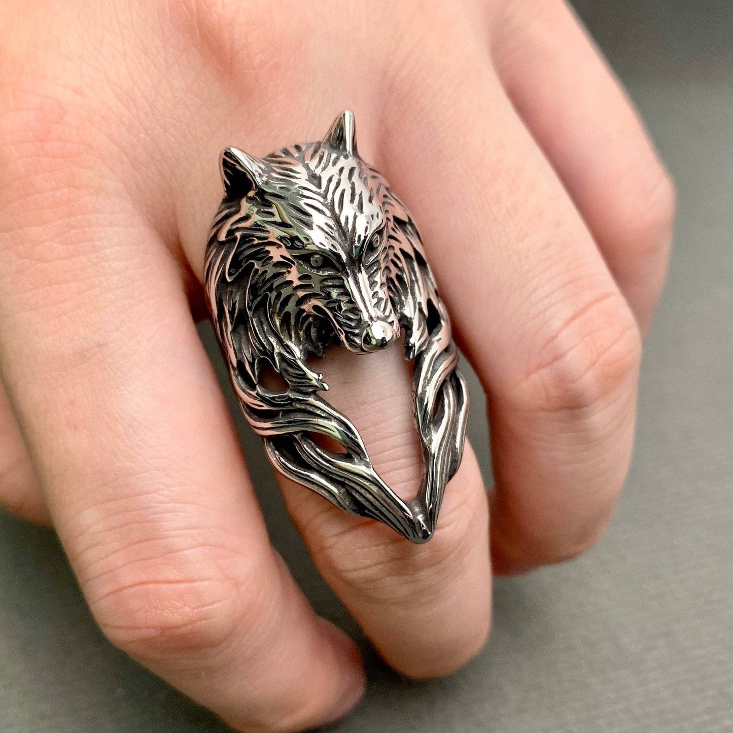 Stainless Steel Hollow Wolf Head Ring