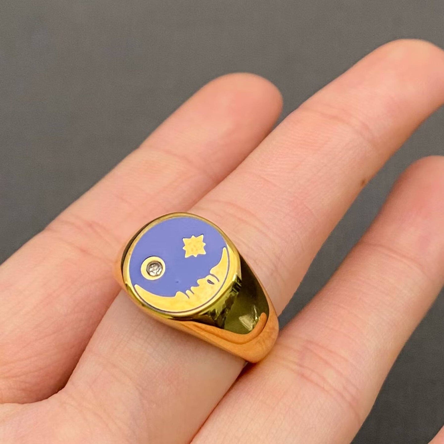 Enamel Star Moon 18K Gold Plated Stainless Steel Ring