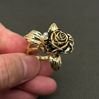 Vintage 14K Gold Plated Enamel Rose Adjustable Ring