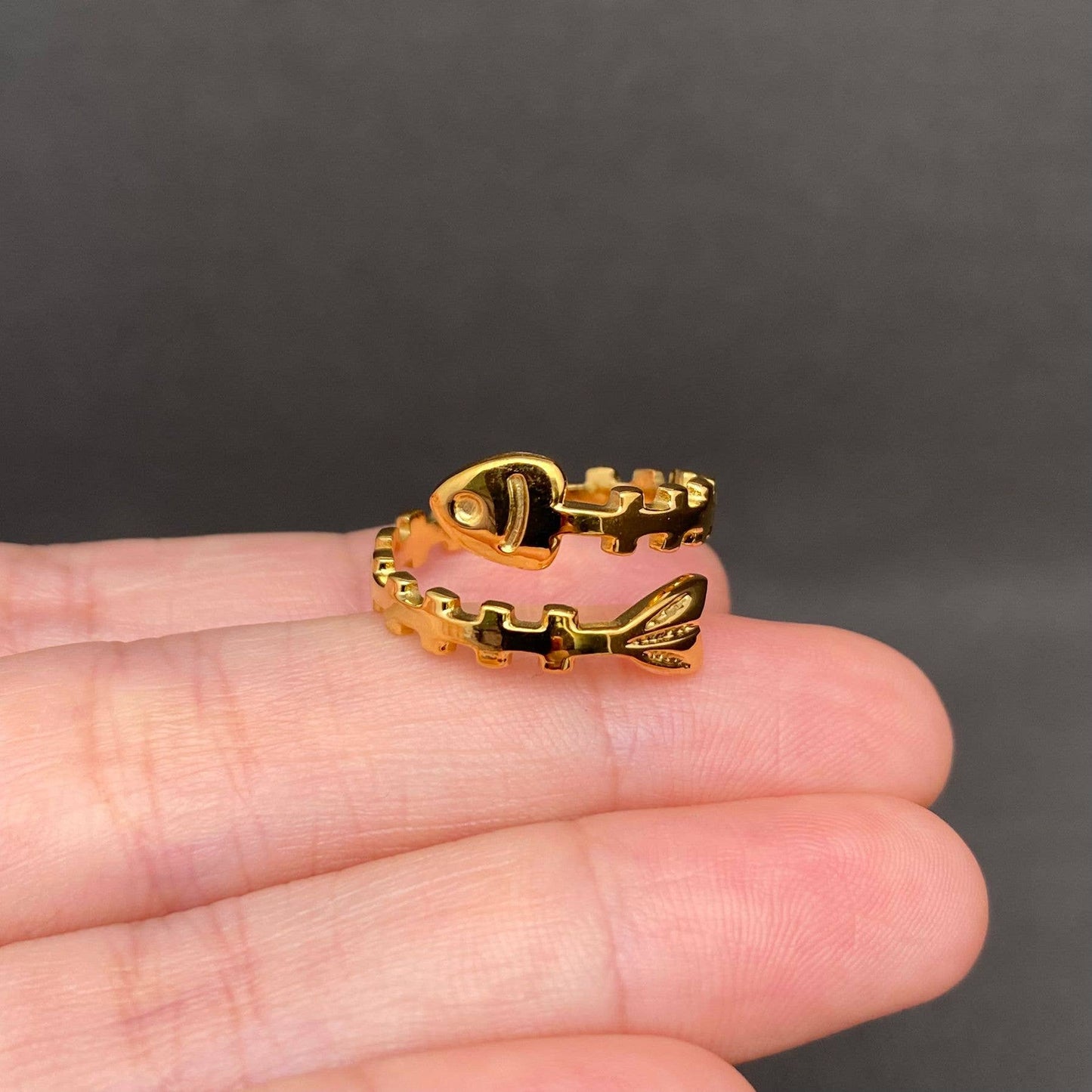 Fishbone 18K Gold Plated Stainless Steel Ring - Adjustable