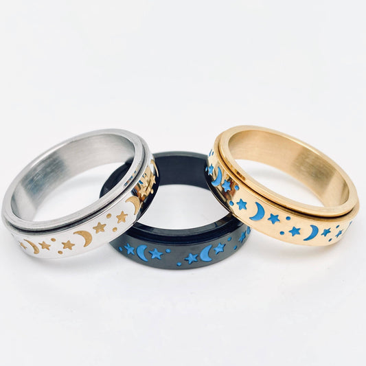 Luminous Sky Stainless Steel Star Moon Fidget Ring