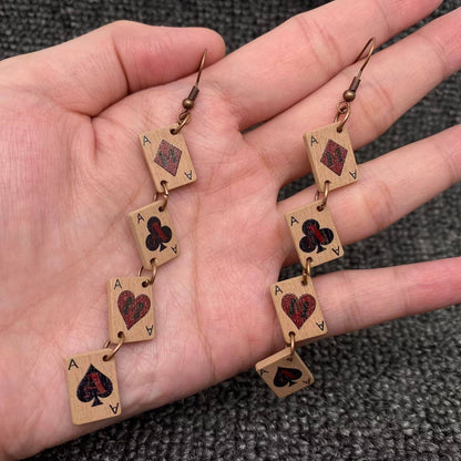 Wooden Ace Poker Cards Linked Dangle Earrings