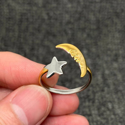 Two Tone 18K Gold Plated Stainless Steel Star Moon Ring