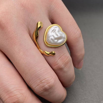Heart Shape Pearl Inlaid 18K Gold Plated Adjustable Ring