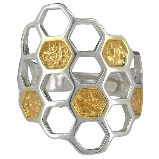 Gold Plated Silver Honeycomb Adjustable Ring