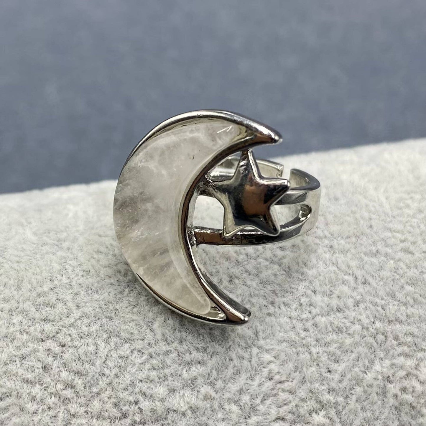 Agate Moon & Star Silver Tone Adjustable Ring
