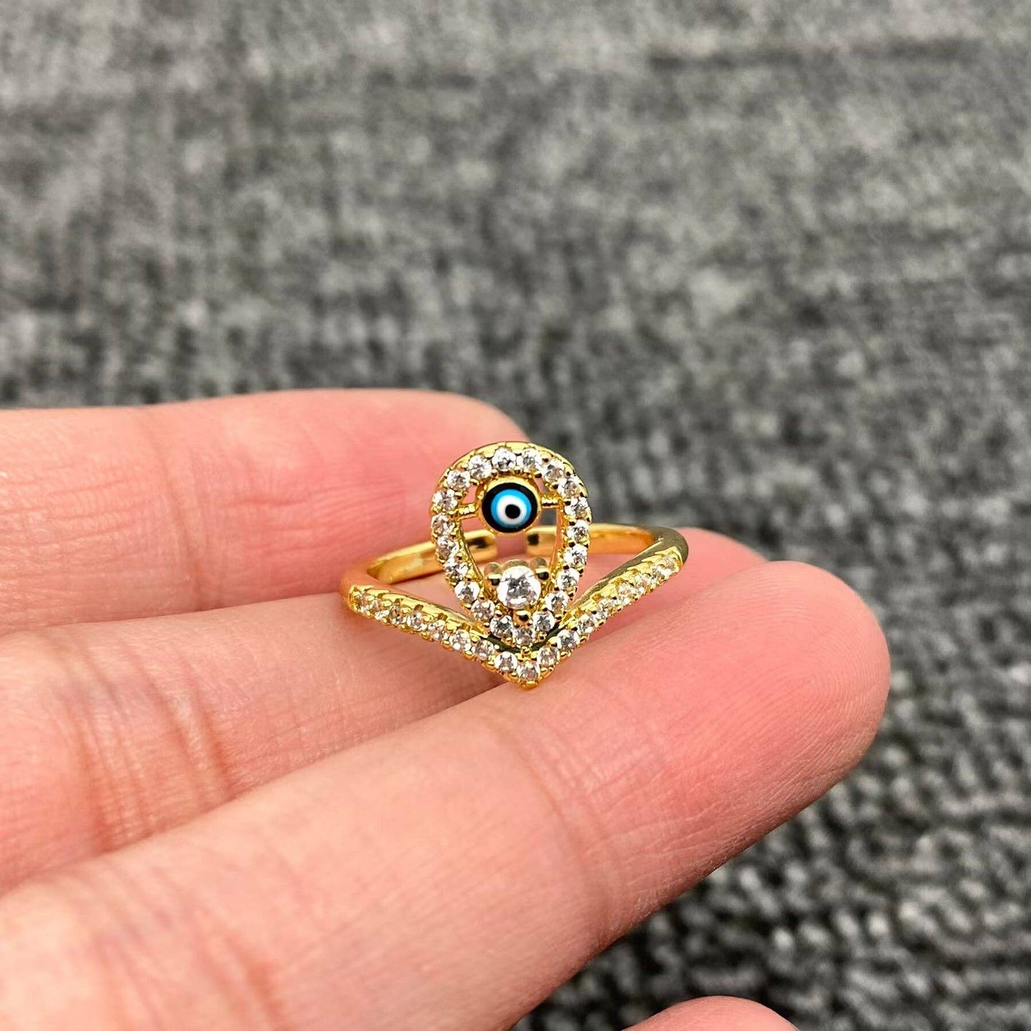 Enamel Rhinestone Turkish Evil Eye Golden Adjustable Rings