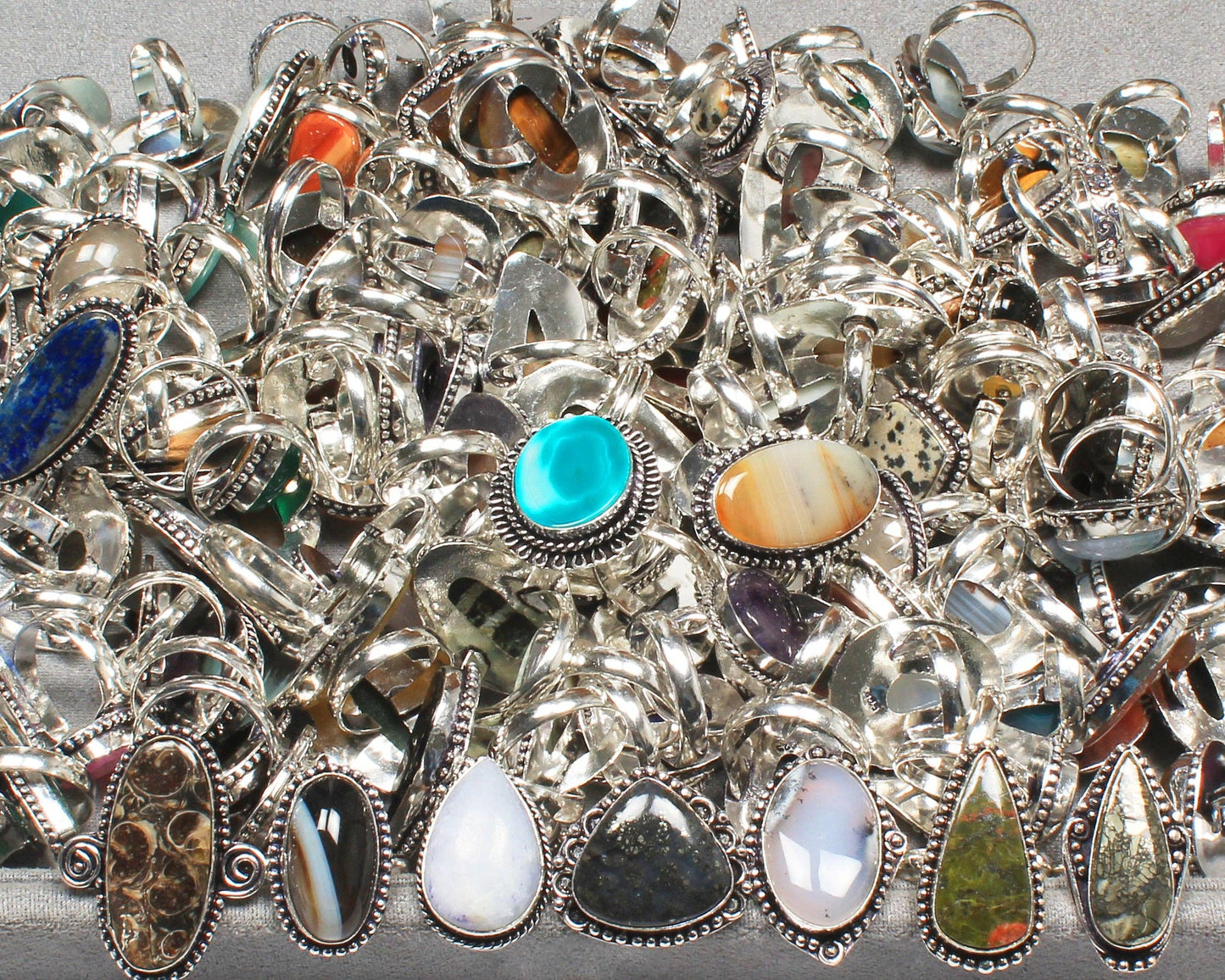 Assorted Semiprecious Stone Rings ☆ Silver Plated, Mixed Sizes, Assorted Designs
