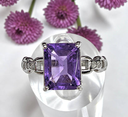Natural Amethyst Emerald Cut Stainless Steel Ring 7x9mm