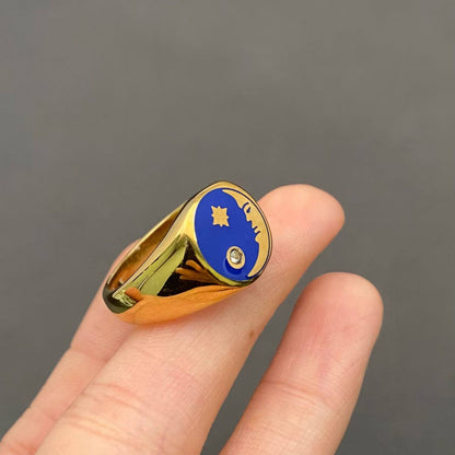 Enamel Star Moon 18K Gold Plated Stainless Steel Ring