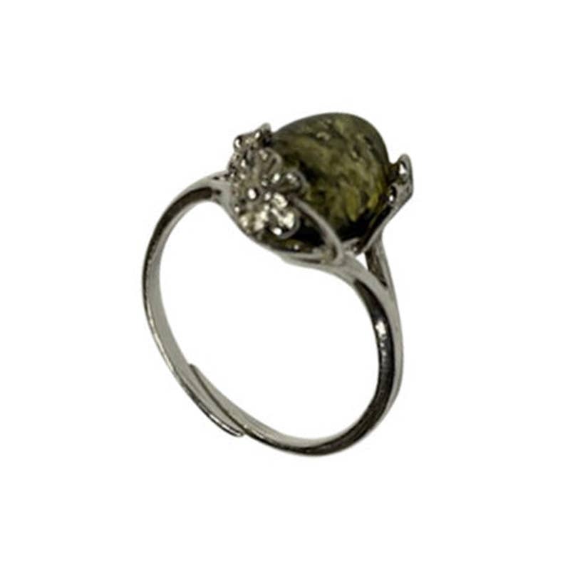 Green Amber Sterling Silver Flower Adjustable Ring