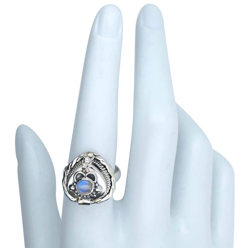 Heart-Shaped Moonstone Silver Locket Poison Ring