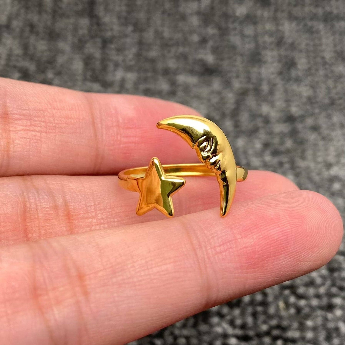 Star Moon 18K Gold Plated Stainless Steel Adjustable Ring