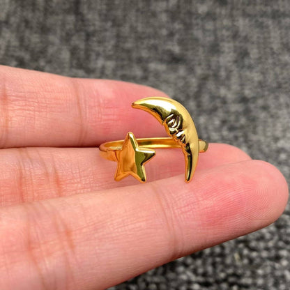 Star Moon 18K Gold Plated Stainless Steel Adjustable Ring