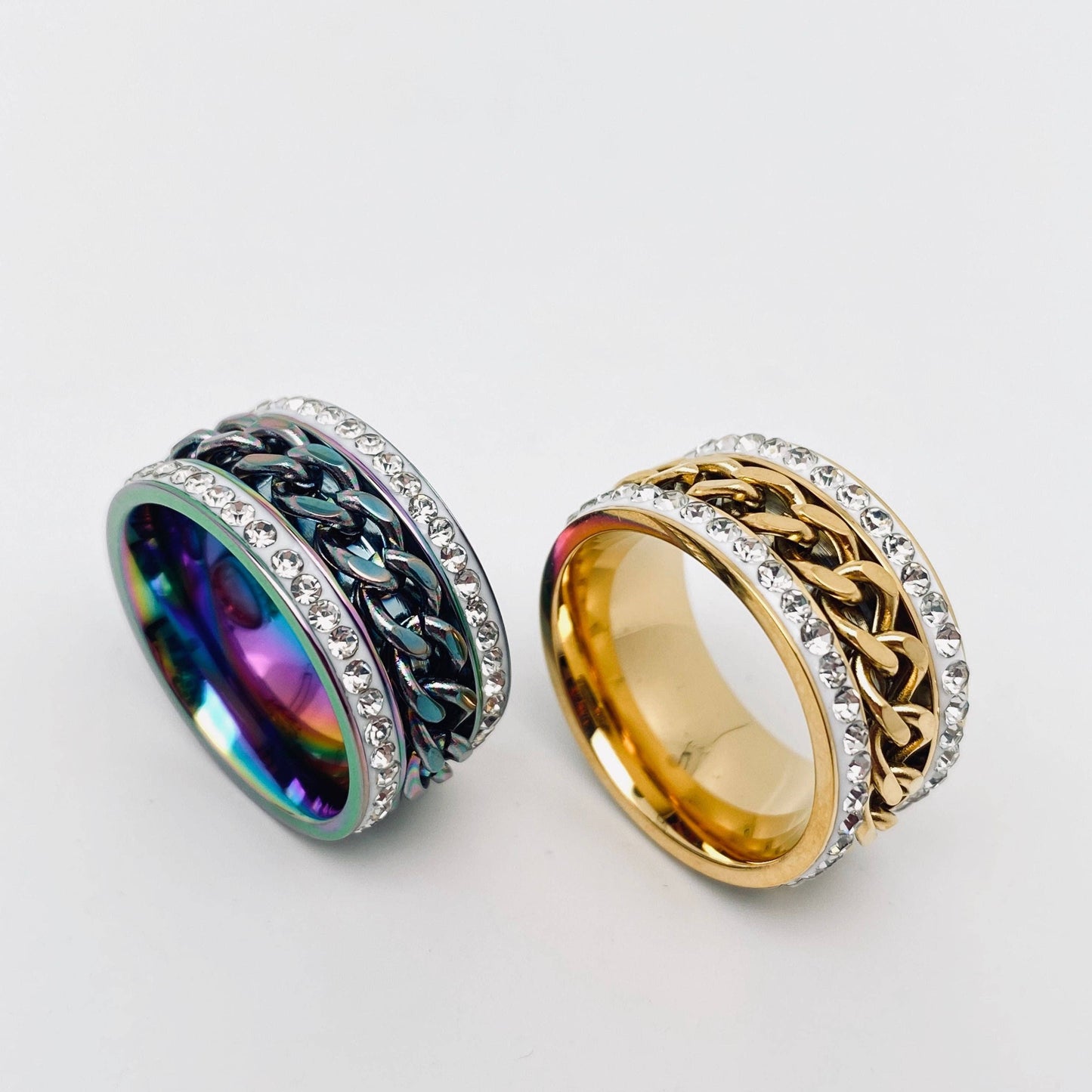 Titanium & Stainless Steel Rhinestone Rotatable Chain Fidget Ring
