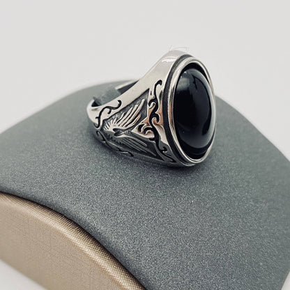 Stainless Steel Engraved Ring with Black Agate